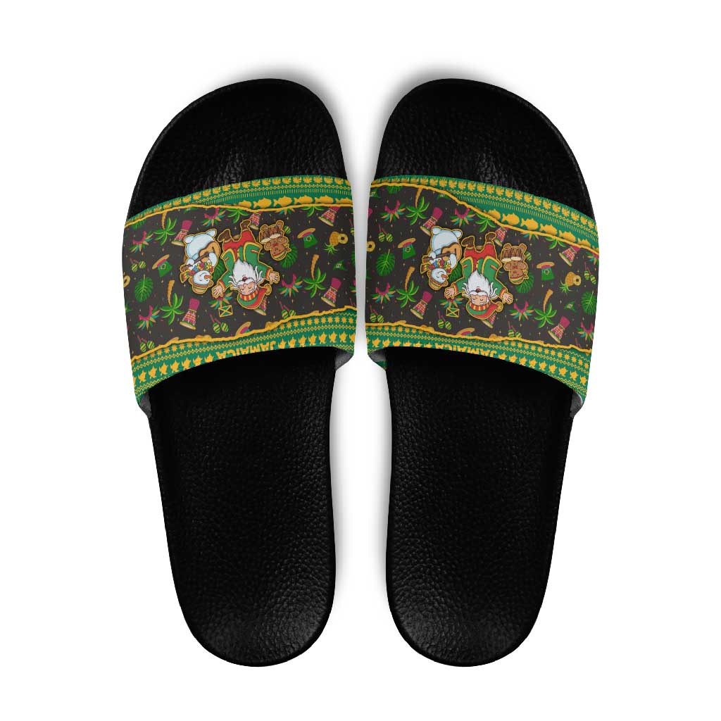 Jamaica Christmas Slide Sandals with Rasta Santa Snowman Gingerbread Drummer Palm Trees and Green Yellow Knit Pattern Design - Wonder Print Shop