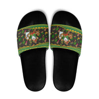 Jamaica Christmas Slide Sandals with Rasta Santa Snowman Gingerbread Drummer Palm Trees and Green Yellow Knit Pattern Design - Wonder Print Shop
