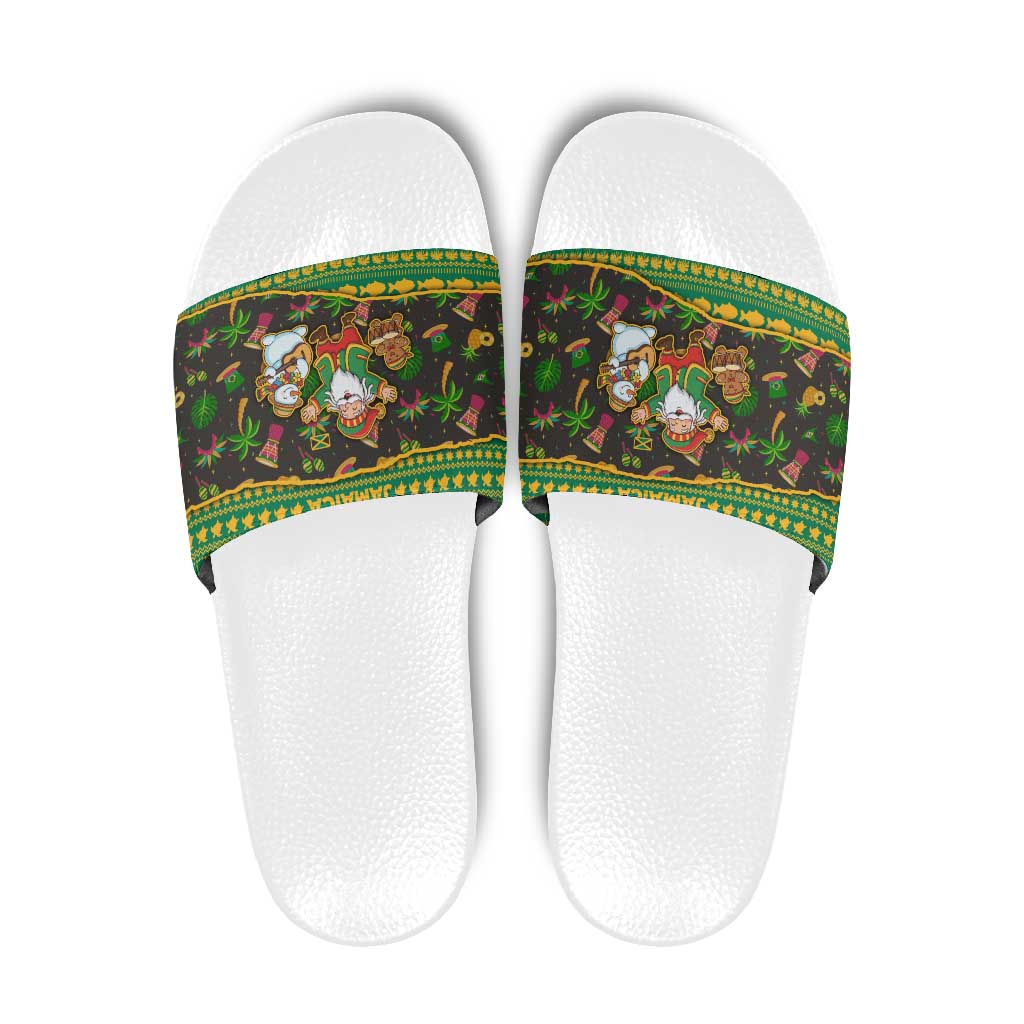 Jamaica Christmas Slide Sandals with Rasta Santa Snowman Gingerbread Drummer Palm Trees and Green Yellow Knit Pattern Design - Wonder Print Shop