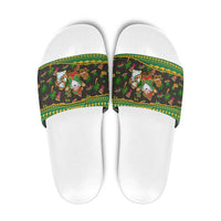 Jamaica Christmas Slide Sandals with Rasta Santa Snowman Gingerbread Drummer Palm Trees and Green Yellow Knit Pattern Design - Wonder Print Shop