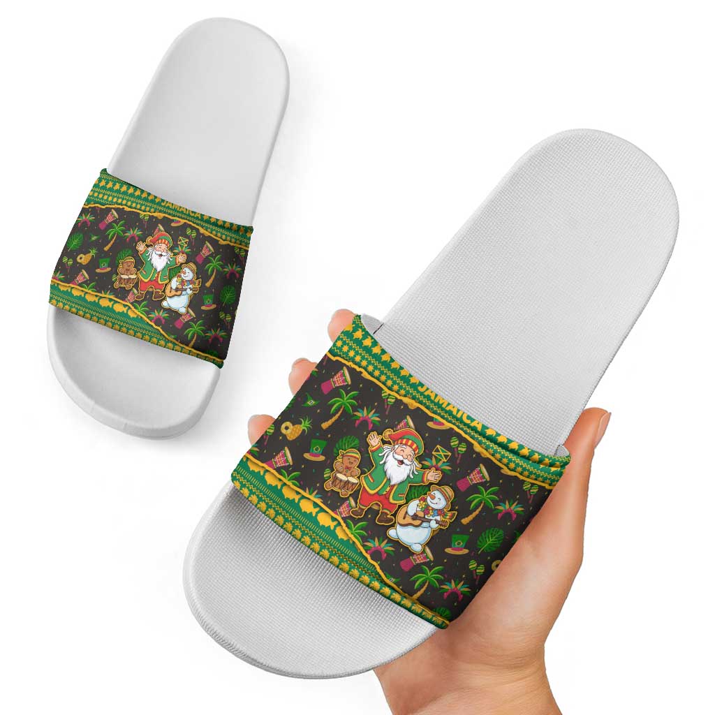 Jamaica Christmas Slide Sandals with Rasta Santa Snowman Gingerbread Drummer Palm Trees and Green Yellow Knit Pattern Design - Wonder Print Shop