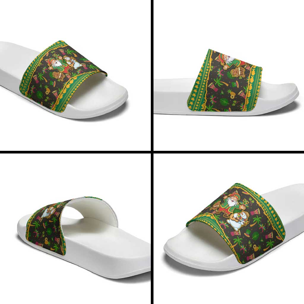 Jamaica Christmas Slide Sandals with Rasta Santa Snowman Gingerbread Drummer Palm Trees and Green Yellow Knit Pattern Design - Wonder Print Shop