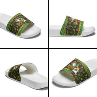 Jamaica Christmas Slide Sandals with Rasta Santa Snowman Gingerbread Drummer Palm Trees and Green Yellow Knit Pattern Design - Wonder Print Shop