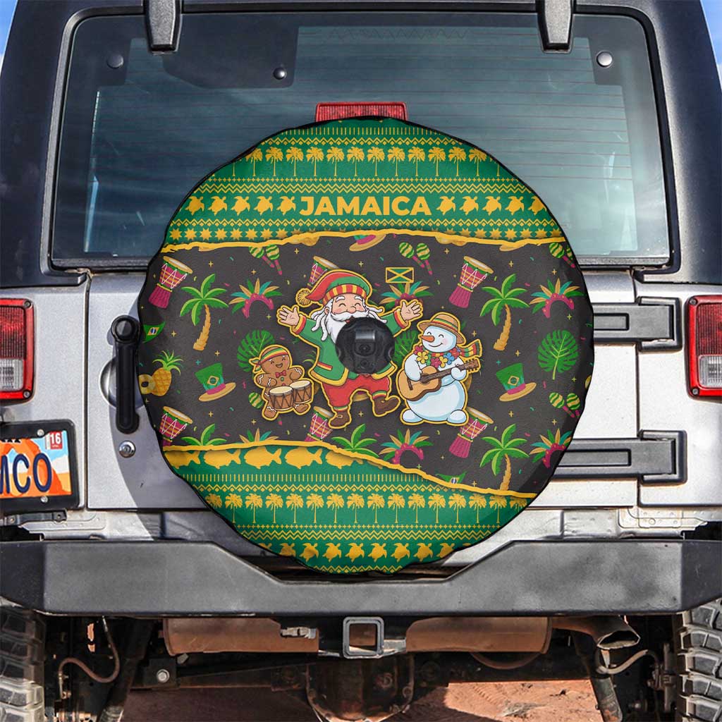 Jamaica Christmas Spare Tire Cover with Rasta Santa Snowman Gingerbread Drummer Palm Trees and Green Yellow Knit Pattern Design - Wonder Print Shop