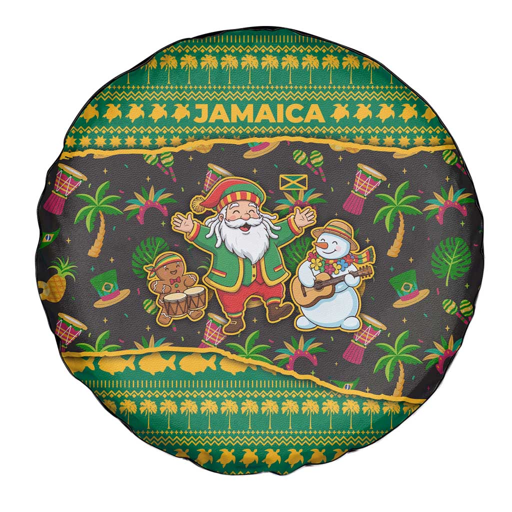 Jamaica Christmas Spare Tire Cover with Rasta Santa Snowman Gingerbread Drummer Palm Trees and Green Yellow Knit Pattern Design - Wonder Print Shop