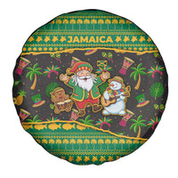 Jamaica Christmas Spare Tire Cover with Rasta Santa Snowman Gingerbread Drummer Palm Trees and Green Yellow Knit Pattern Design - Wonder Print Shop