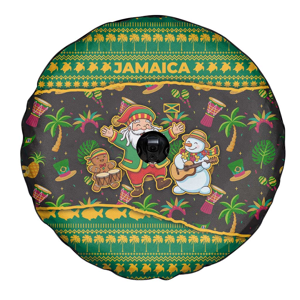 Jamaica Christmas Spare Tire Cover with Rasta Santa Snowman Gingerbread Drummer Palm Trees and Green Yellow Knit Pattern Design - Wonder Print Shop