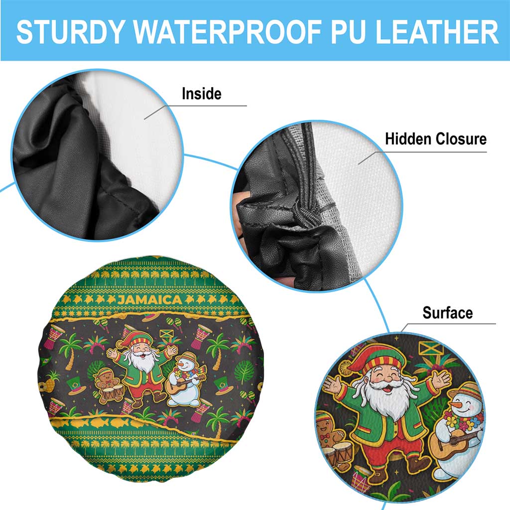Jamaica Christmas Spare Tire Cover with Rasta Santa Snowman Gingerbread Drummer Palm Trees and Green Yellow Knit Pattern Design - Wonder Print Shop