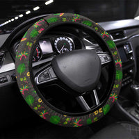 Jamaica Christmas Steering Wheel Cover with Rasta Santa Snowman Gingerbread Drummer Palm Trees and Green Yellow Knit Pattern Design - Wonder Print Shop