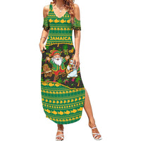 Jamaica Christmas Summer Maxi Dress with Rasta Santa Snowman Gingerbread Drummer Palm Trees and Green Yellow Knit Pattern Design - Wonder Print Shop