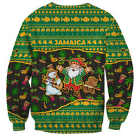Jamaica Christmas Sweatshirt with Rasta Santa Snowman Gingerbread Drummer Palm Trees and Green Yellow Knit Pattern Design - Wonder Print Shop