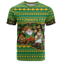 Jamaica Christmas T Shirt with Rasta Santa Snowman Gingerbread Drummer Palm Trees and Green Yellow Knit Pattern Design - Wonder Print Shop
