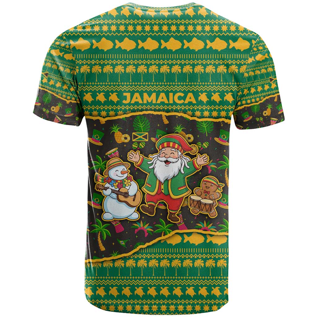 Jamaica Christmas T Shirt with Rasta Santa Snowman Gingerbread Drummer Palm Trees and Green Yellow Knit Pattern Design - Wonder Print Shop