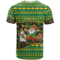 Jamaica Christmas T Shirt with Rasta Santa Snowman Gingerbread Drummer Palm Trees and Green Yellow Knit Pattern Design - Wonder Print Shop