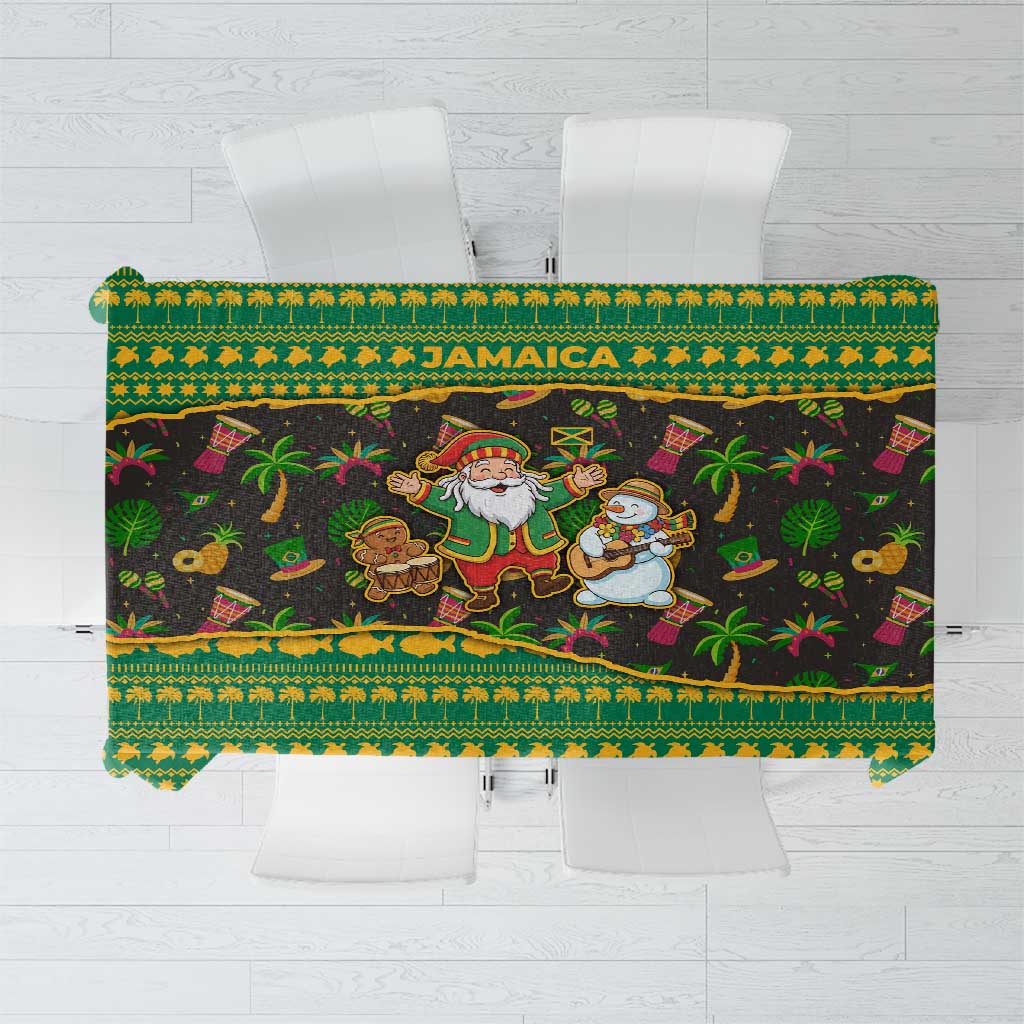 Jamaica Christmas Tablecloth with Rasta Santa Snowman Gingerbread Drummer Palm Trees and Green Yellow Knit Pattern Design - Wonder Print Shop