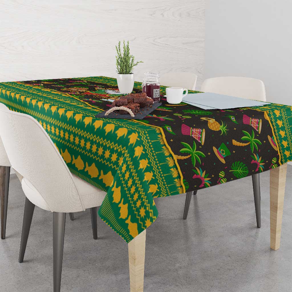 Jamaica Christmas Tablecloth with Rasta Santa Snowman Gingerbread Drummer Palm Trees and Green Yellow Knit Pattern Design - Wonder Print Shop