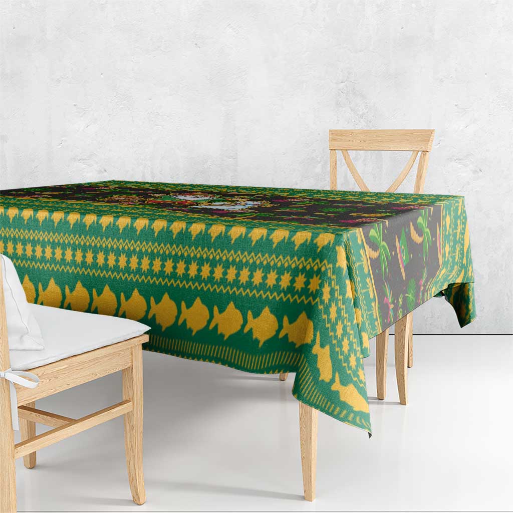 Jamaica Christmas Tablecloth with Rasta Santa Snowman Gingerbread Drummer Palm Trees and Green Yellow Knit Pattern Design - Wonder Print Shop