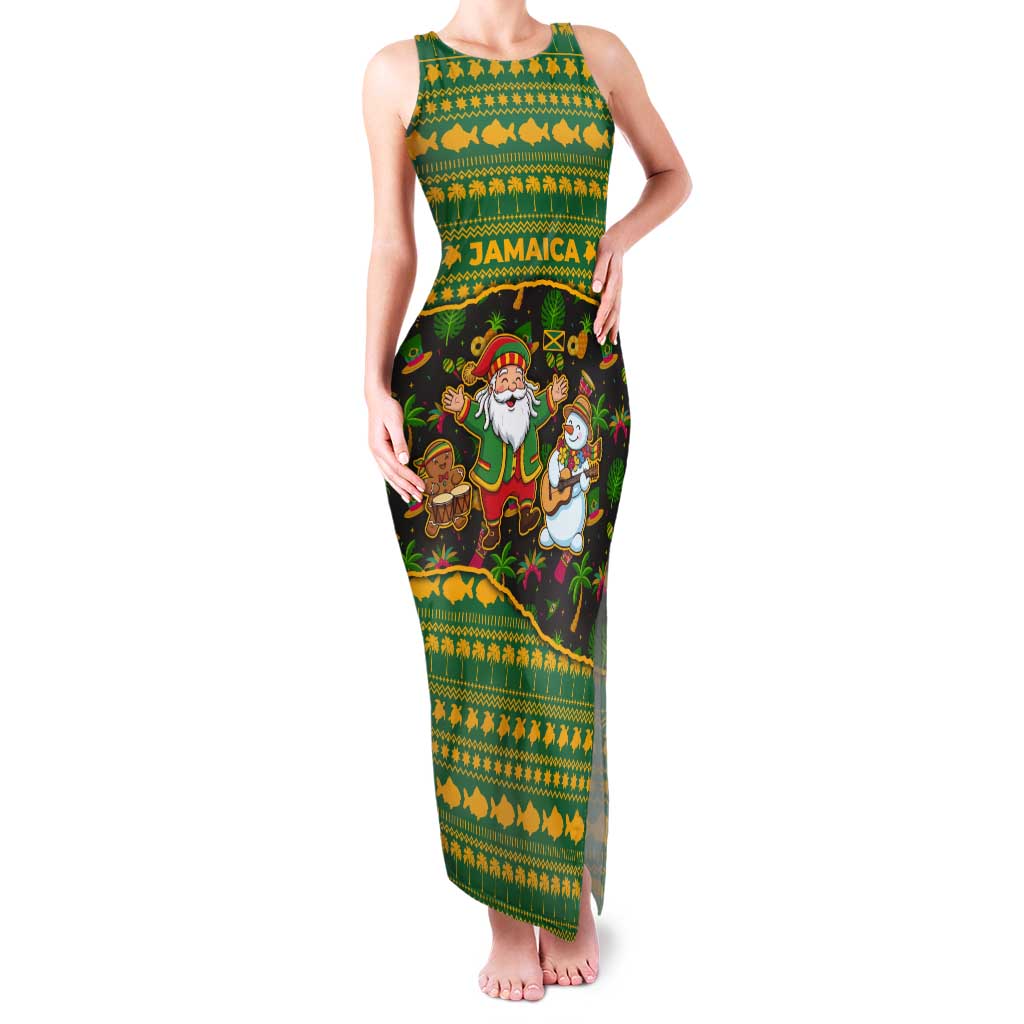 Jamaica Christmas Tank Maxi Dress with Rasta Santa Snowman Gingerbread Drummer Palm Trees and Green Yellow Knit Pattern Design - Wonder Print Shop