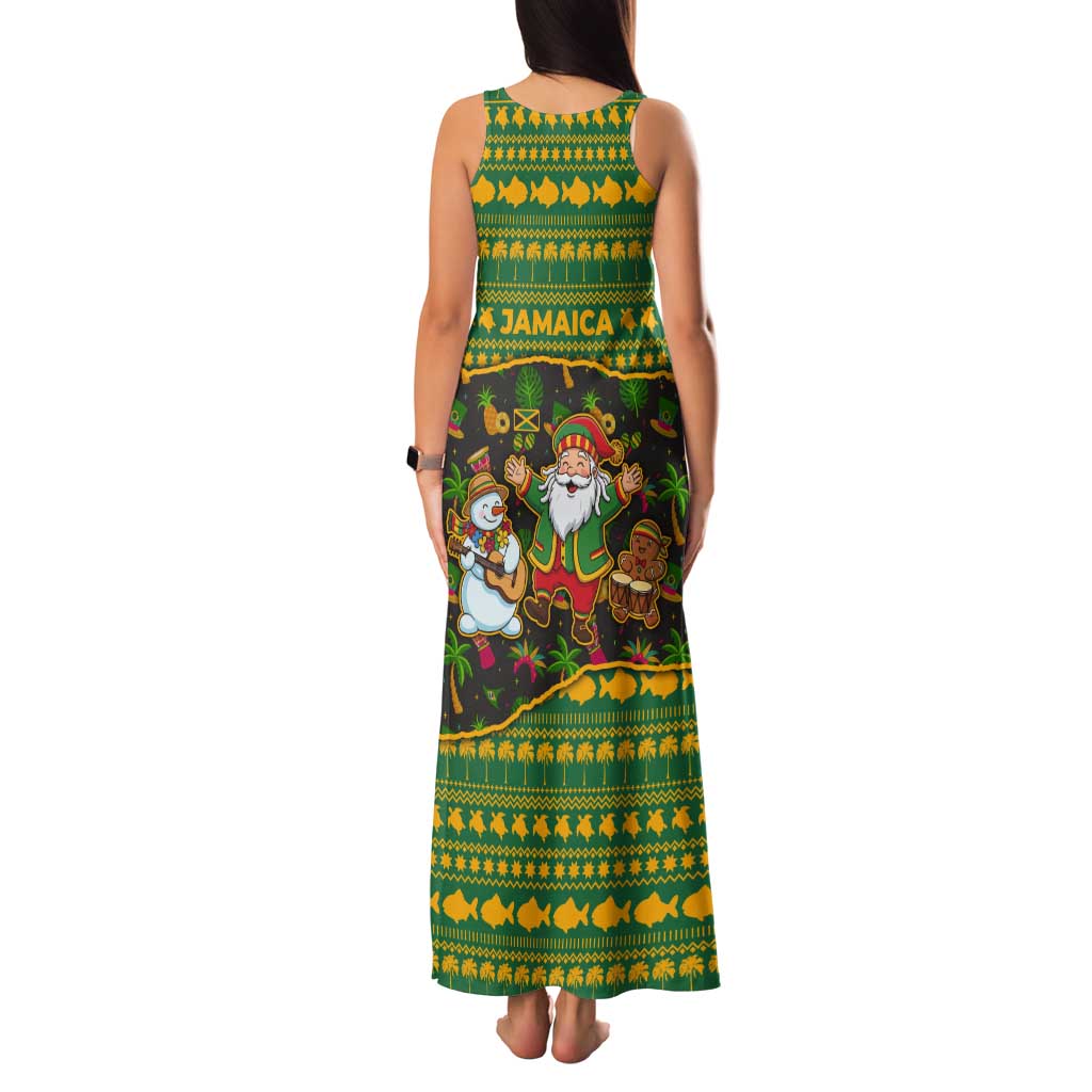 Jamaica Christmas Tank Maxi Dress with Rasta Santa Snowman Gingerbread Drummer Palm Trees and Green Yellow Knit Pattern Design - Wonder Print Shop