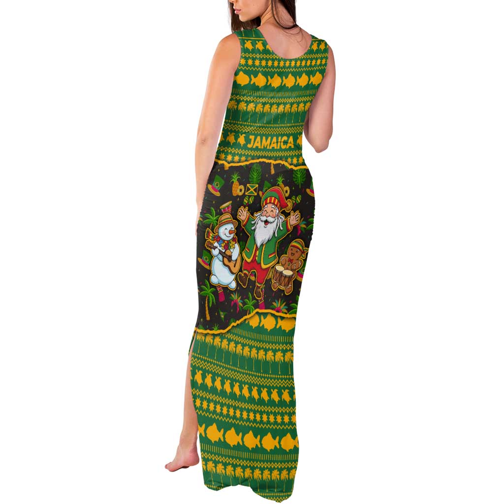 Jamaica Christmas Tank Maxi Dress with Rasta Santa Snowman Gingerbread Drummer Palm Trees and Green Yellow Knit Pattern Design - Wonder Print Shop