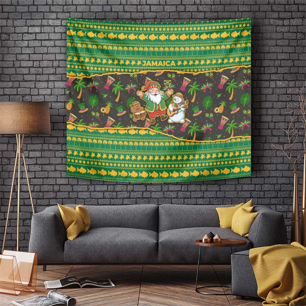 Jamaica Christmas Tapestry with Rasta Santa Snowman Gingerbread Drummer Palm Trees and Green Yellow Knit Pattern Design - Wonder Print Shop