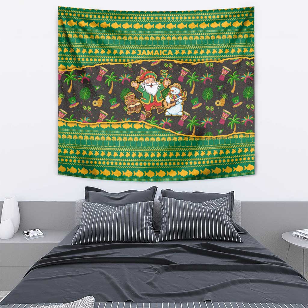 Jamaica Christmas Tapestry with Rasta Santa Snowman Gingerbread Drummer Palm Trees and Green Yellow Knit Pattern Design - Wonder Print Shop