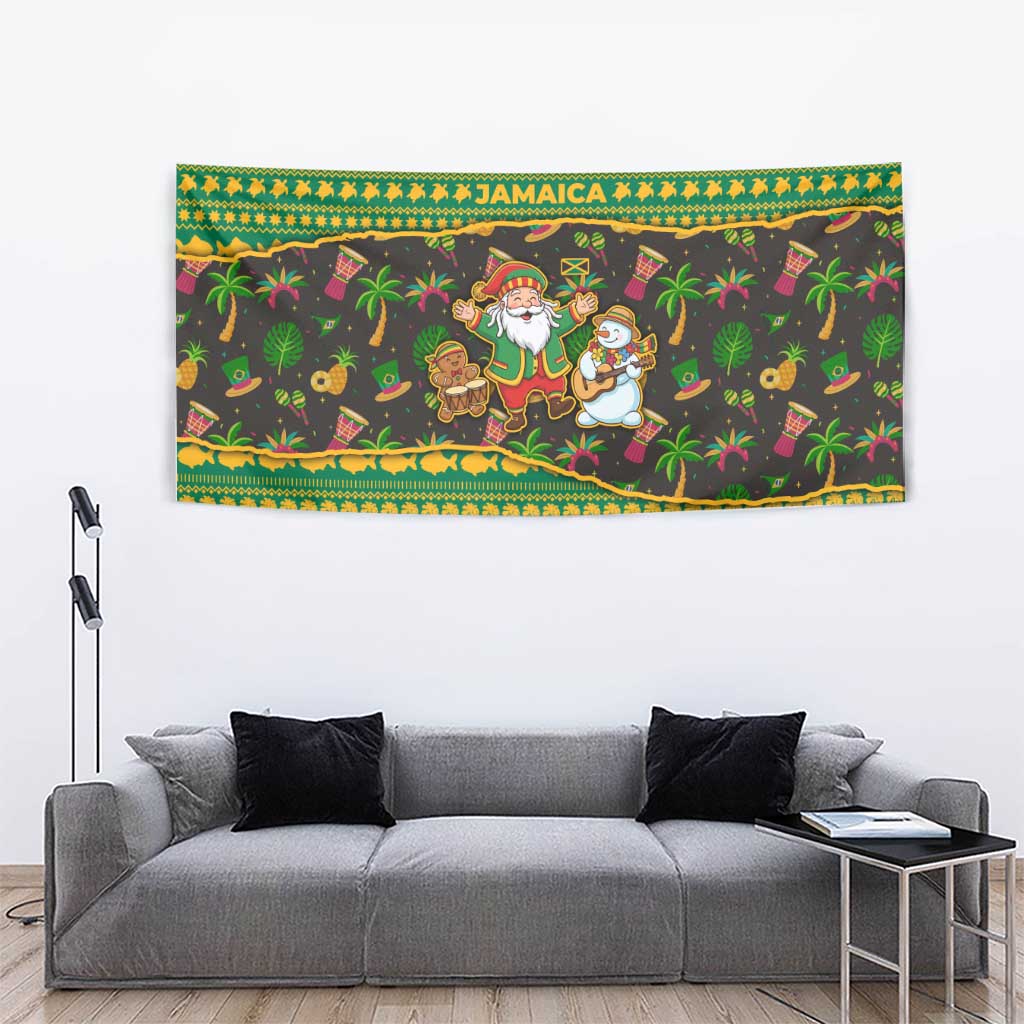 Jamaica Christmas Tapestry with Rasta Santa Snowman Gingerbread Drummer Palm Trees and Green Yellow Knit Pattern Design - Wonder Print Shop