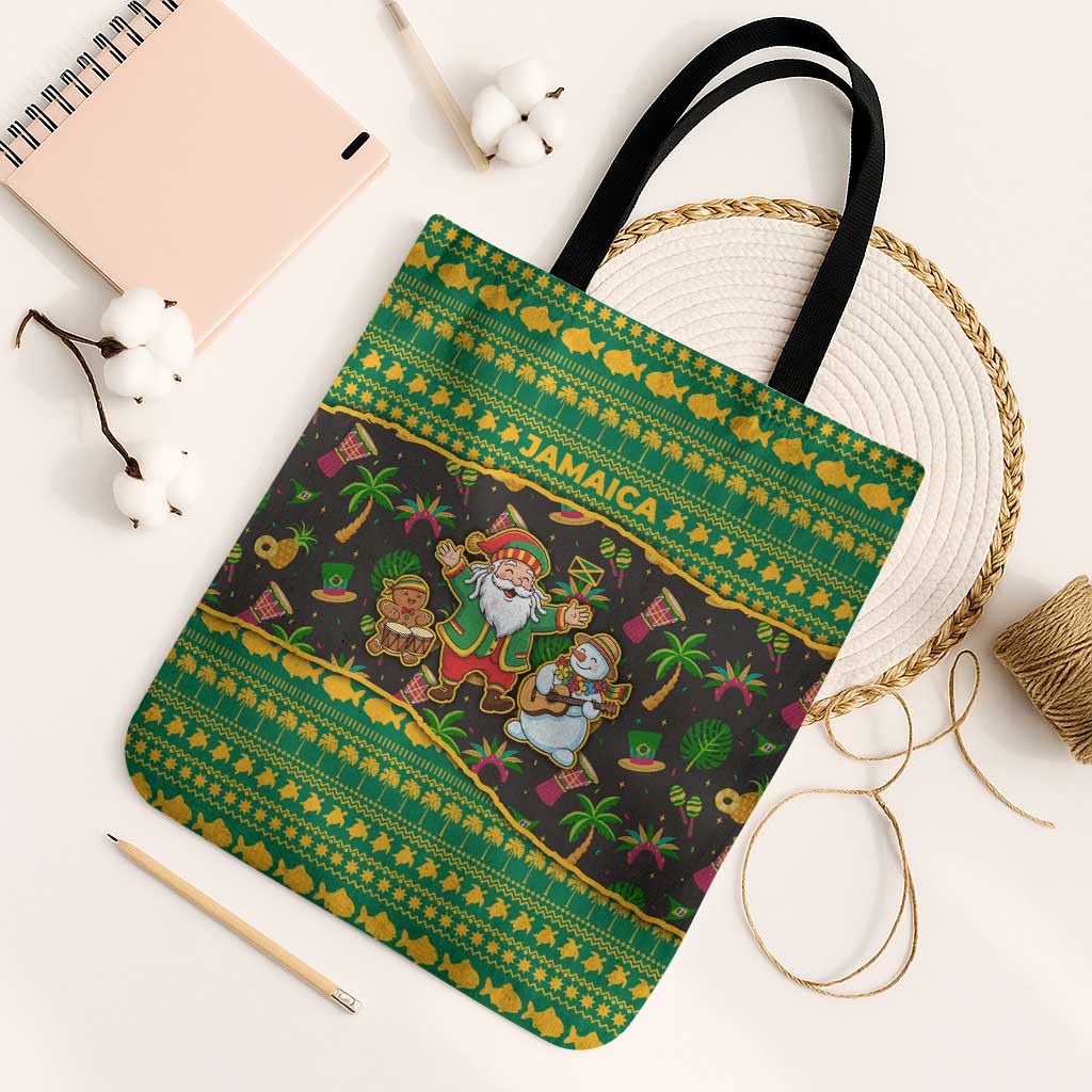 Jamaica Christmas Tote Bag with Rasta Santa Snowman Gingerbread Drummer Palm Trees and Green Yellow Knit Pattern Design - Wonder Print Shop