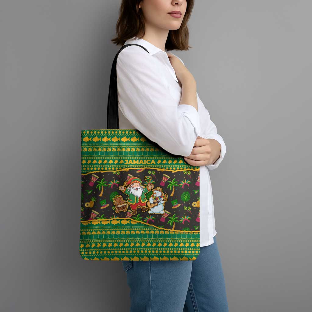 Jamaica Christmas Tote Bag with Rasta Santa Snowman Gingerbread Drummer Palm Trees and Green Yellow Knit Pattern Design - Wonder Print Shop