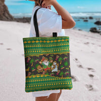 Jamaica Christmas Tote Bag with Rasta Santa Snowman Gingerbread Drummer Palm Trees and Green Yellow Knit Pattern Design - Wonder Print Shop