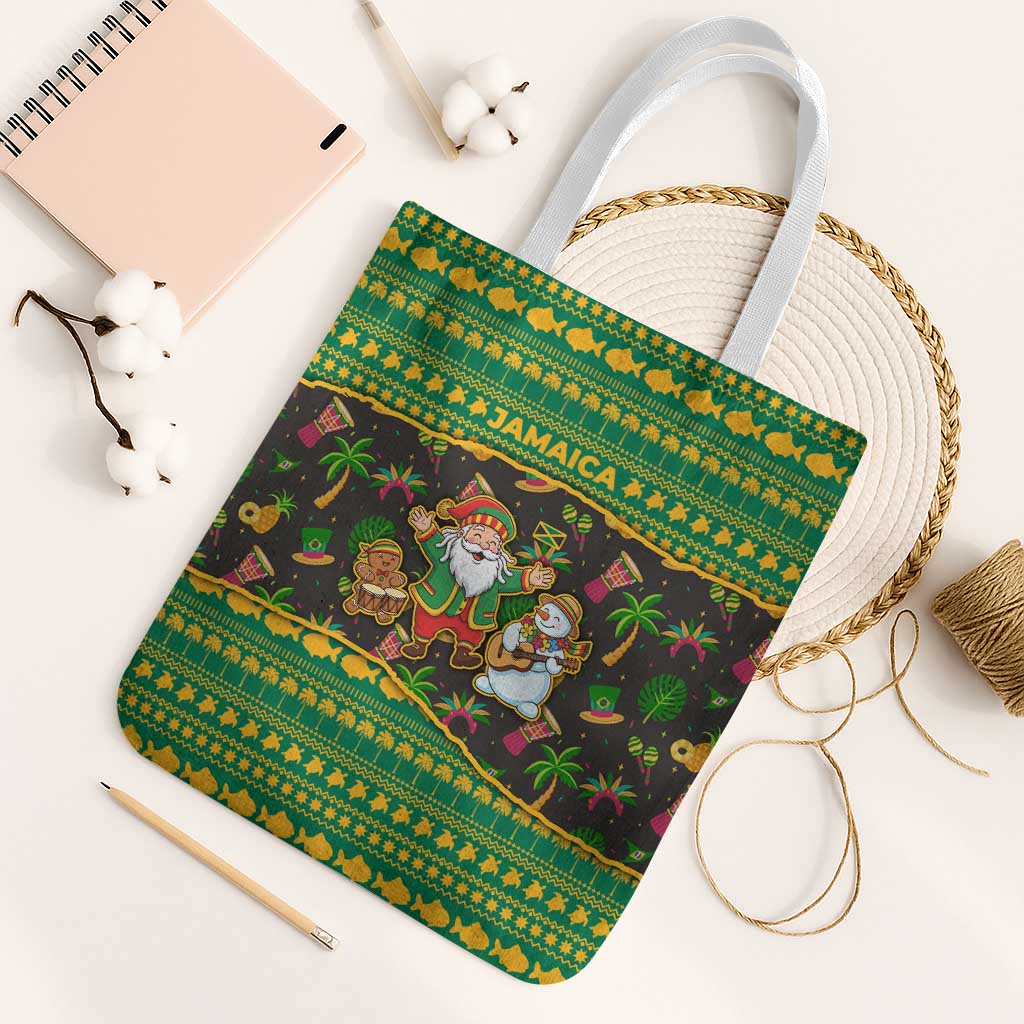 Jamaica Christmas Tote Bag with Rasta Santa Snowman Gingerbread Drummer Palm Trees and Green Yellow Knit Pattern Design - Wonder Print Shop