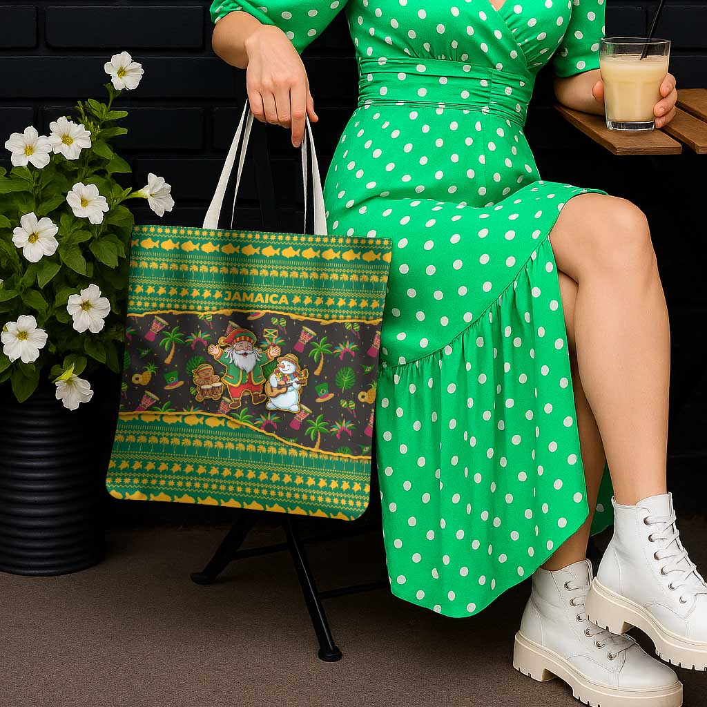 Jamaica Christmas Tote Bag with Rasta Santa Snowman Gingerbread Drummer Palm Trees and Green Yellow Knit Pattern Design - Wonder Print Shop