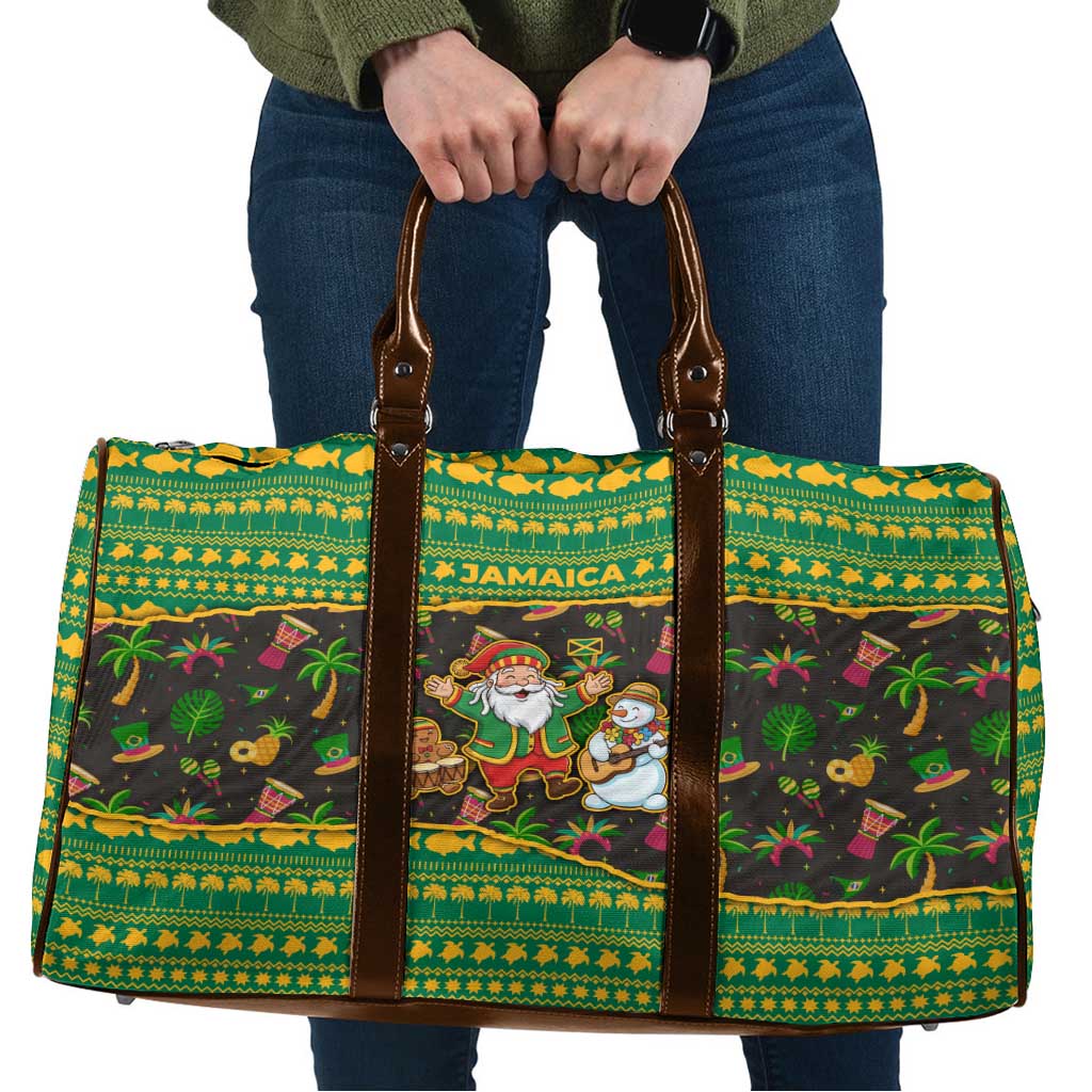 Jamaica Christmas Travel Bag with Rasta Santa Snowman Gingerbread Drummer Palm Trees and Green Yellow Knit Pattern Design - Wonder Print Shop