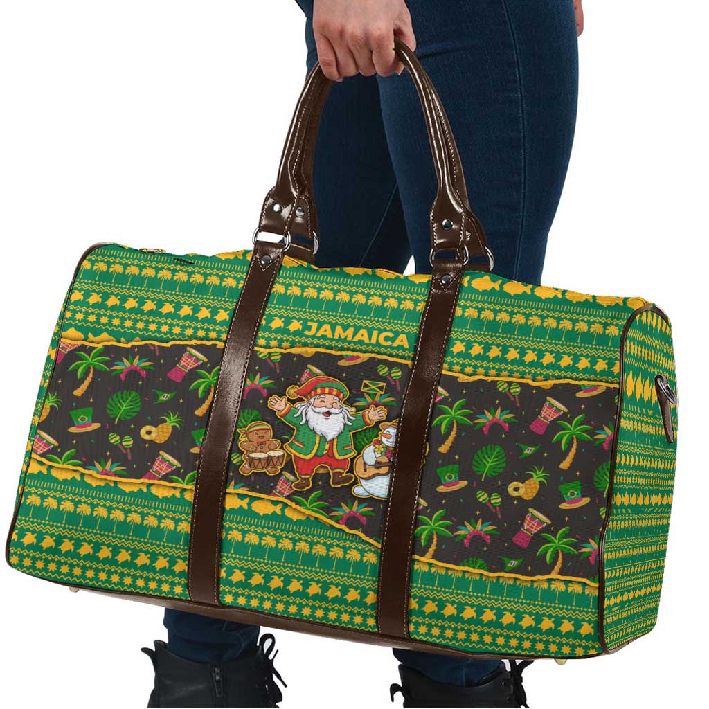Jamaica Christmas Travel Bag with Rasta Santa Snowman Gingerbread Drummer Palm Trees and Green Yellow Knit Pattern Design - Wonder Print Shop