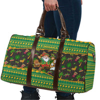 Jamaica Christmas Travel Bag with Rasta Santa Snowman Gingerbread Drummer Palm Trees and Green Yellow Knit Pattern Design - Wonder Print Shop