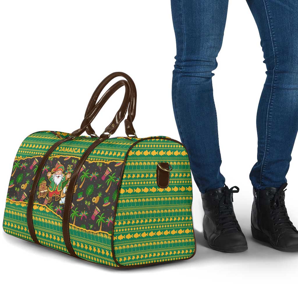 Jamaica Christmas Travel Bag with Rasta Santa Snowman Gingerbread Drummer Palm Trees and Green Yellow Knit Pattern Design - Wonder Print Shop