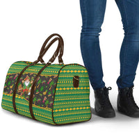 Jamaica Christmas Travel Bag with Rasta Santa Snowman Gingerbread Drummer Palm Trees and Green Yellow Knit Pattern Design - Wonder Print Shop