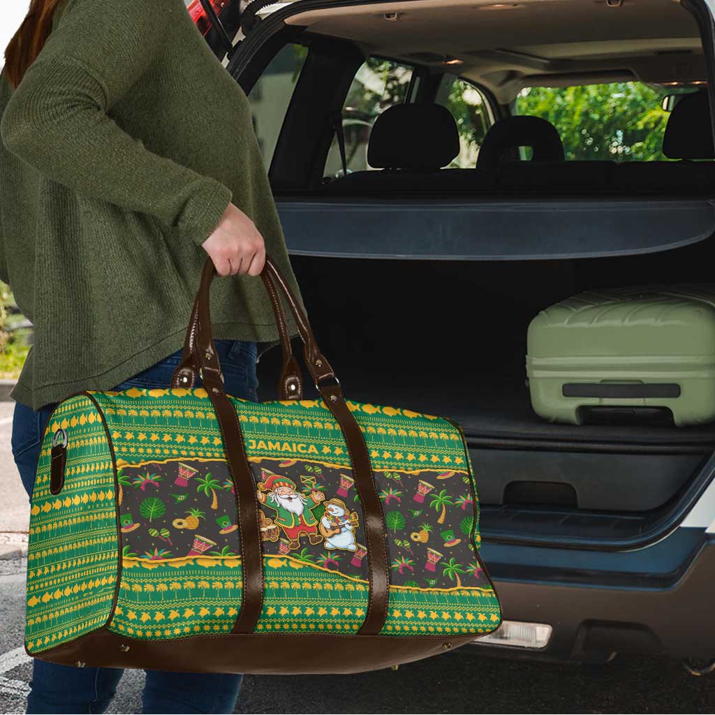 Jamaica Christmas Travel Bag with Rasta Santa Snowman Gingerbread Drummer Palm Trees and Green Yellow Knit Pattern Design - Wonder Print Shop