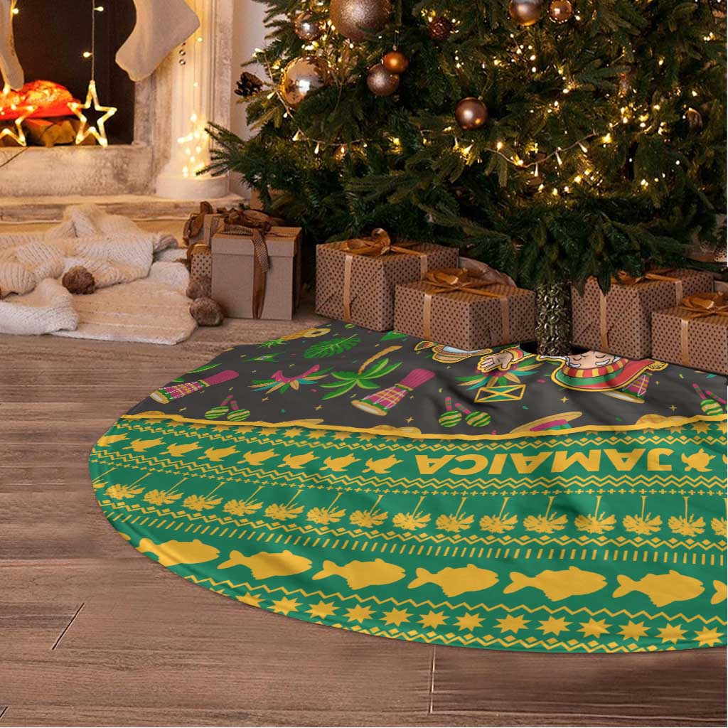 Jamaica Christmas Tree Skirt with Rasta Santa Snowman Gingerbread Drummer Palm Trees and Green Yellow Knit Pattern Design - Wonder Print Shop
