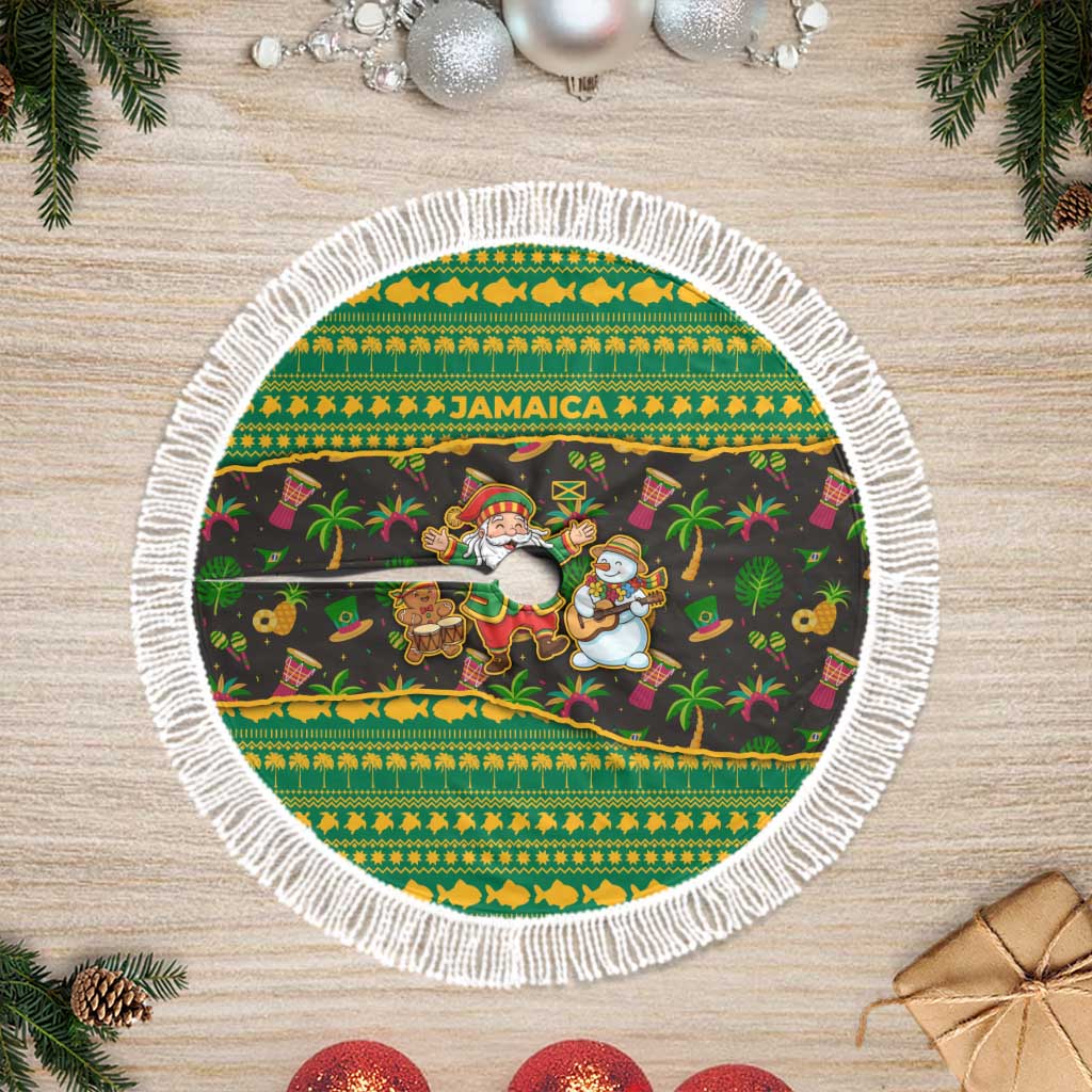 Jamaica Christmas Tree Skirt with Rasta Santa Snowman Gingerbread Drummer Palm Trees and Green Yellow Knit Pattern Design - Wonder Print Shop