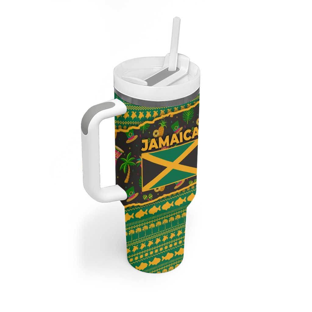 Jamaica Christmas Tumbler With Handle with Rasta Santa Snowman Gingerbread Drummer Palm Trees and Green Yellow Knit Pattern Design - Wonder Print Shop