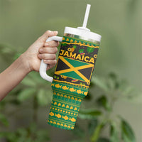 Jamaica Christmas Tumbler With Handle with Rasta Santa Snowman Gingerbread Drummer Palm Trees and Green Yellow Knit Pattern Design - Wonder Print Shop