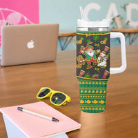 Jamaica Christmas Tumbler With Handle with Rasta Santa Snowman Gingerbread Drummer Palm Trees and Green Yellow Knit Pattern Design - Wonder Print Shop