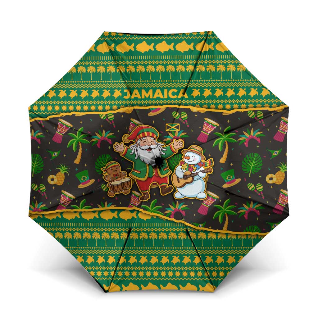 Jamaica Christmas Umbrella with Rasta Santa Snowman Gingerbread Drummer Palm Trees and Green Yellow Knit Pattern Design - Wonder Print Shop