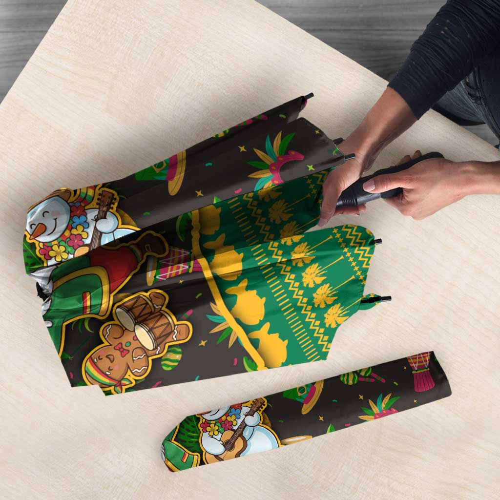 Jamaica Christmas Umbrella with Rasta Santa Snowman Gingerbread Drummer Palm Trees and Green Yellow Knit Pattern Design - Wonder Print Shop