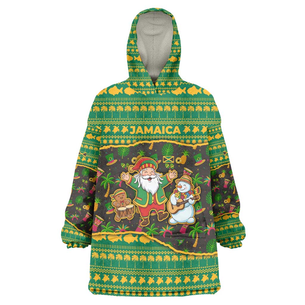 Jamaica Christmas Wearable Blanket Hoodie with Rasta Santa Snowman Gingerbread Drummer Palm Trees and Green Yellow Knit Pattern Design - Wonder Print Shop