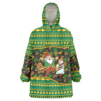 Jamaica Christmas Wearable Blanket Hoodie with Rasta Santa Snowman Gingerbread Drummer Palm Trees and Green Yellow Knit Pattern Design - Wonder Print Shop