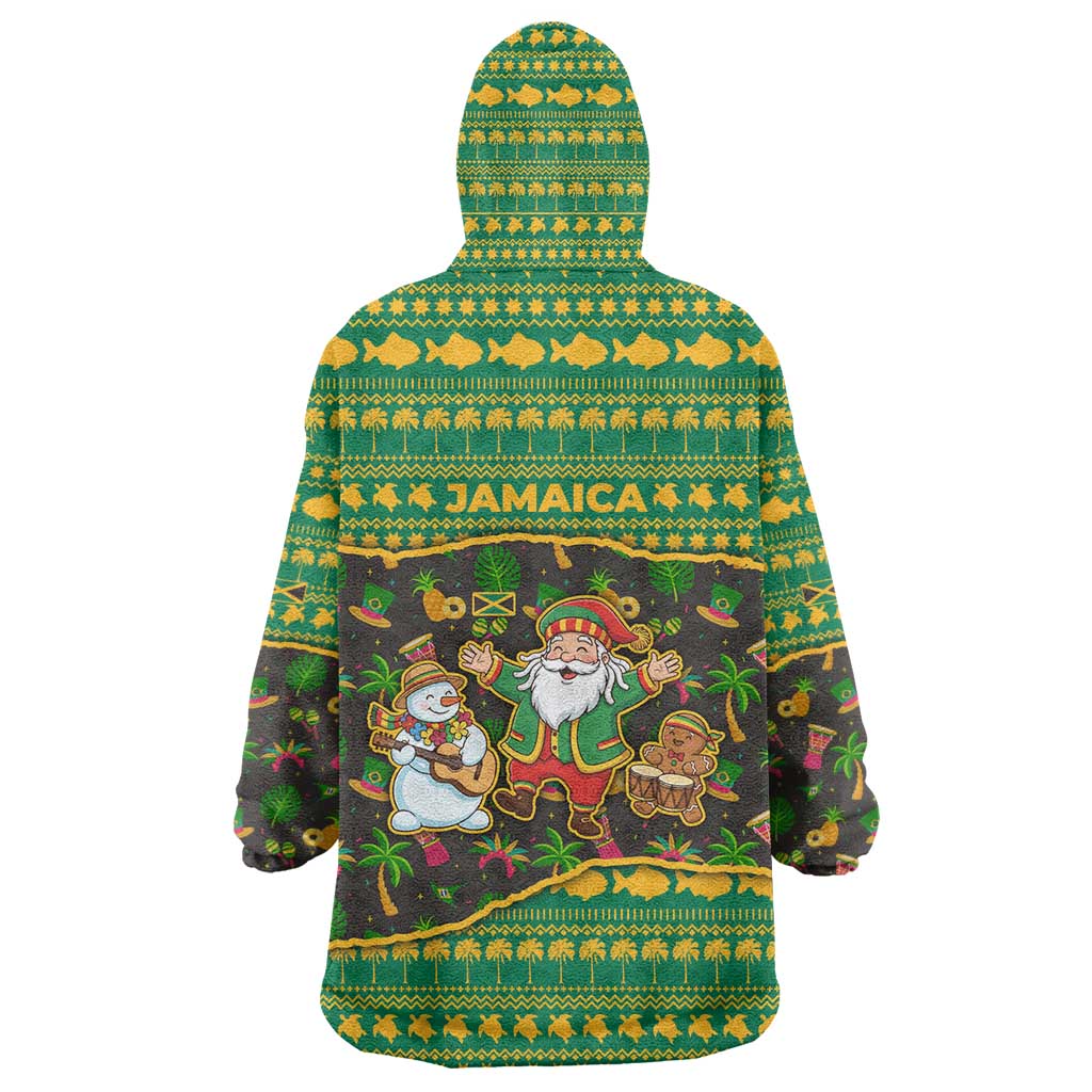 Jamaica Christmas Wearable Blanket Hoodie with Rasta Santa Snowman Gingerbread Drummer Palm Trees and Green Yellow Knit Pattern Design - Wonder Print Shop