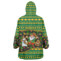 Jamaica Christmas Wearable Blanket Hoodie with Rasta Santa Snowman Gingerbread Drummer Palm Trees and Green Yellow Knit Pattern Design - Wonder Print Shop