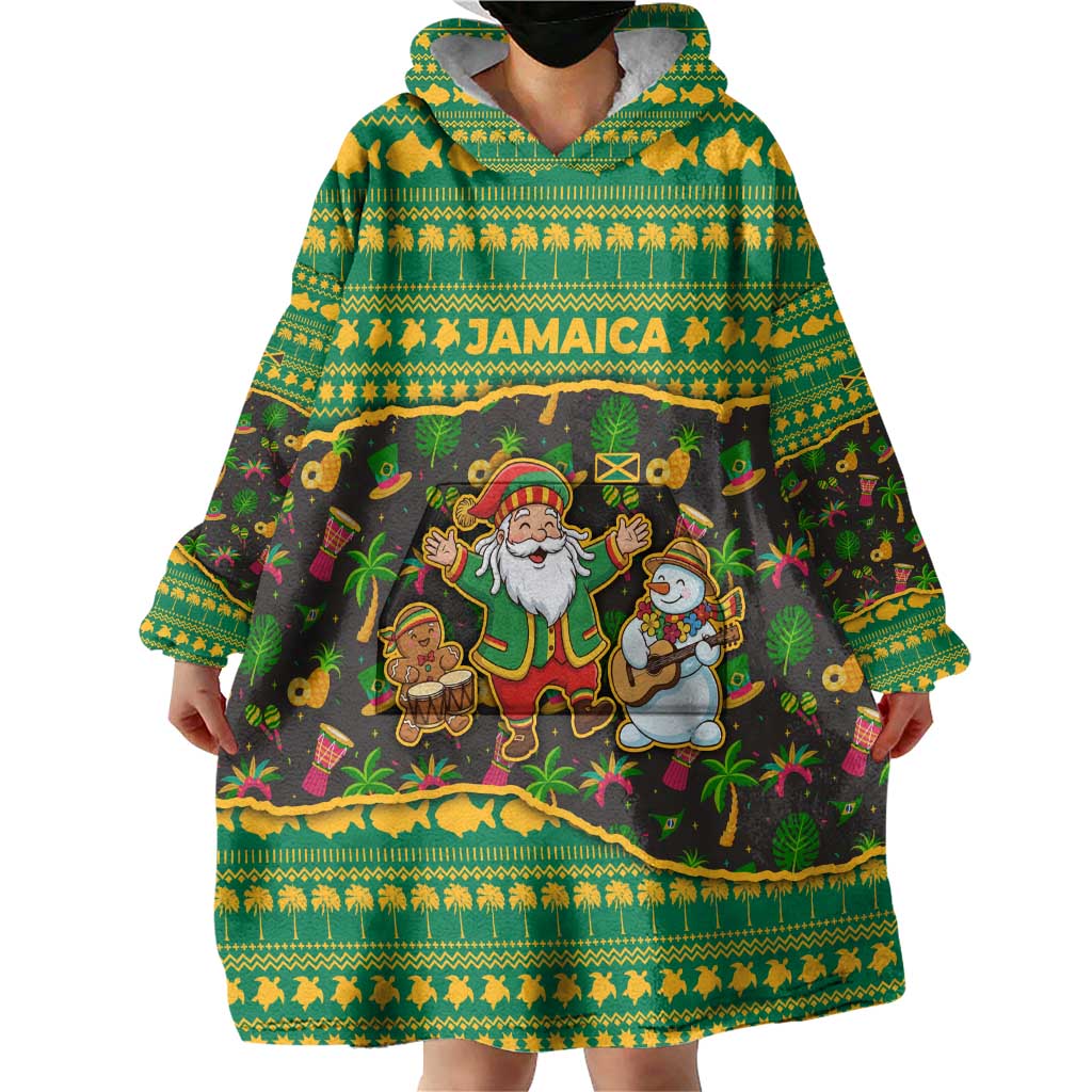 Jamaica Christmas Wearable Blanket Hoodie with Rasta Santa Snowman Gingerbread Drummer Palm Trees and Green Yellow Knit Pattern Design - Wonder Print Shop